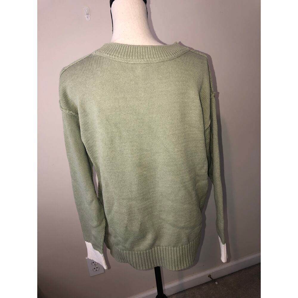 Peace Love World Star Sweater Size M Green Cream Cotton Blend Long Sleeve Slits - Picture 6 of 9